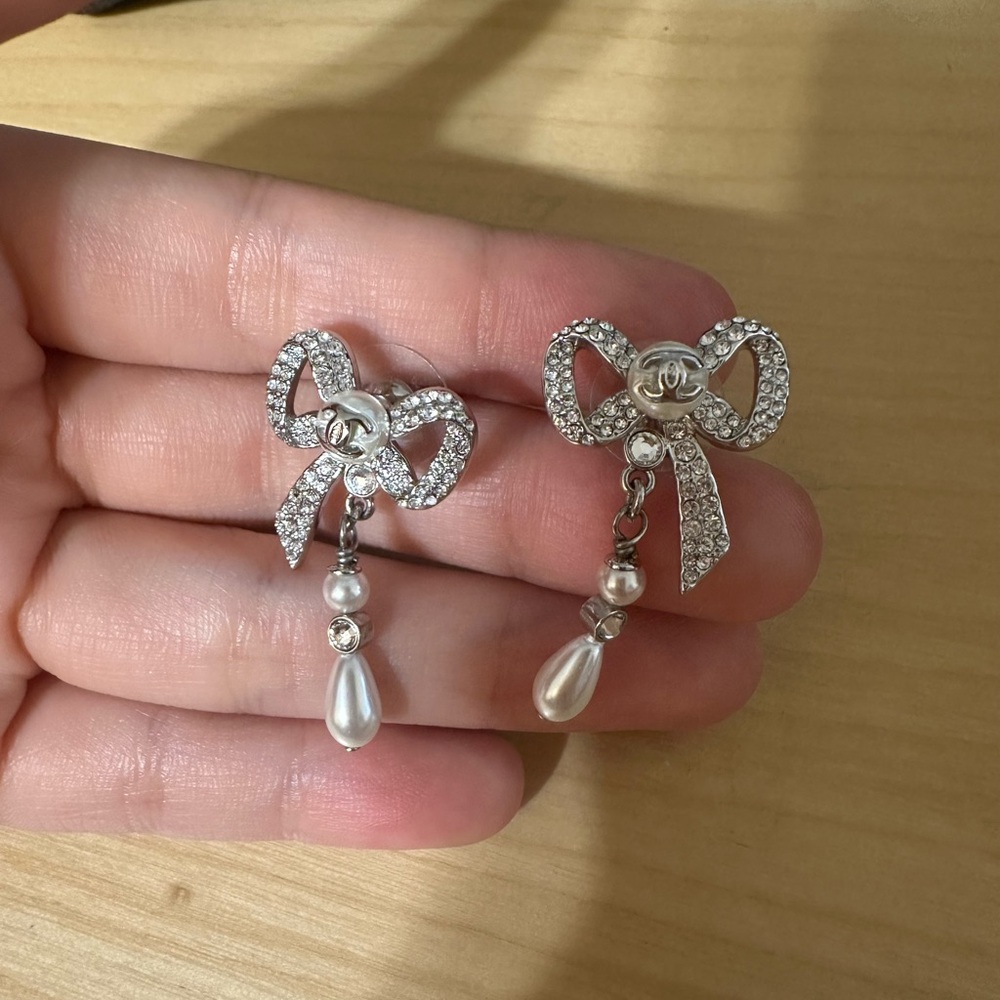 Chanel Silver Bow Earrings with Pearls